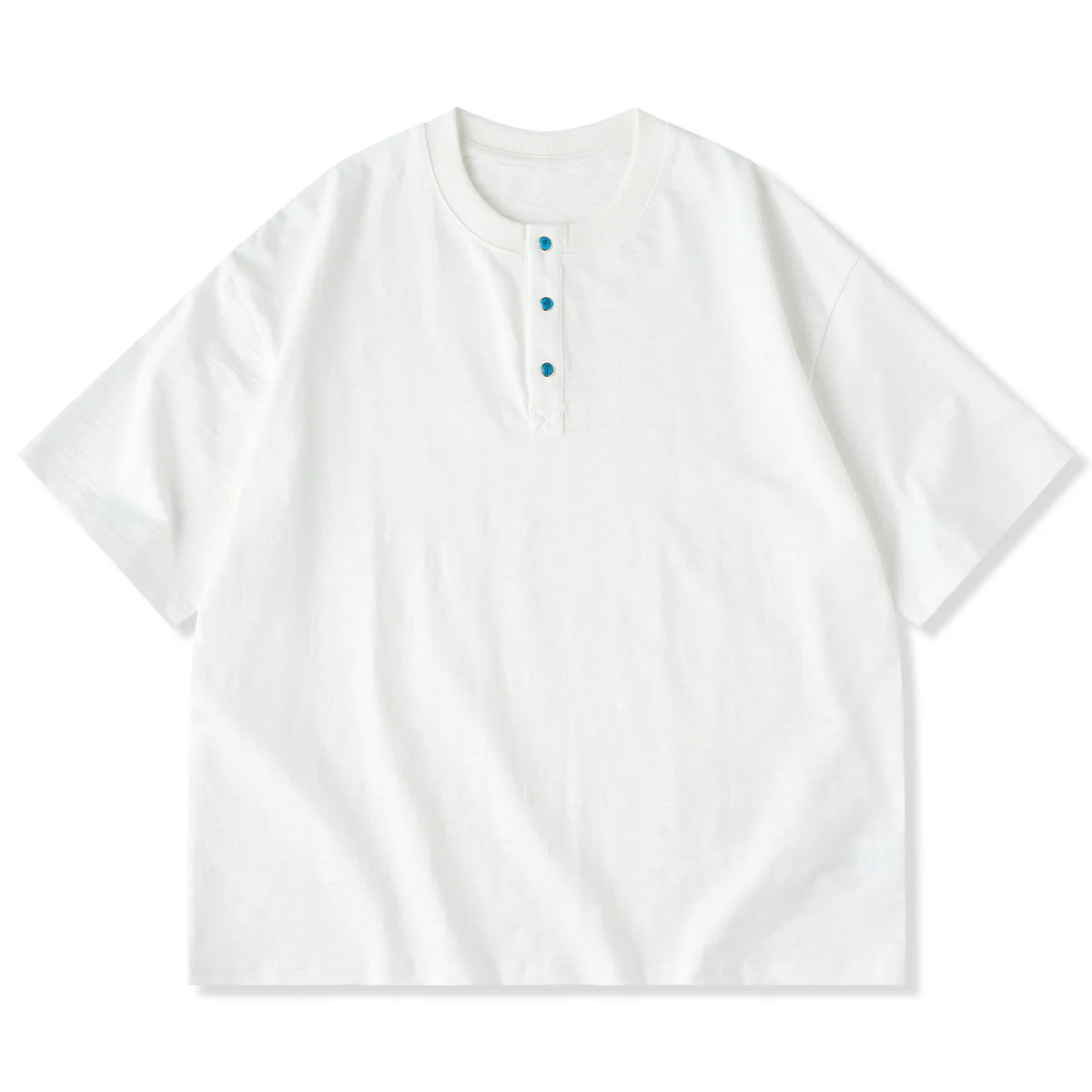 320g　ターコイズ風スナップボタン付きコットンスラブヘンリーTシャツ
