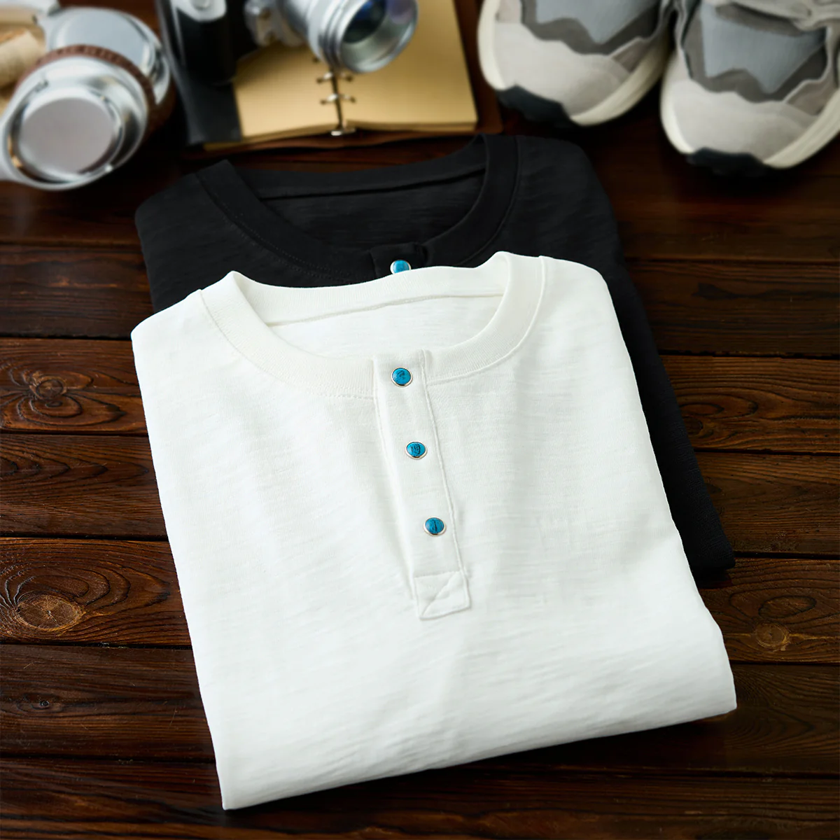 320g　ターコイズ風スナップボタン付きコットンスラブヘンリーTシャツ - Image 6