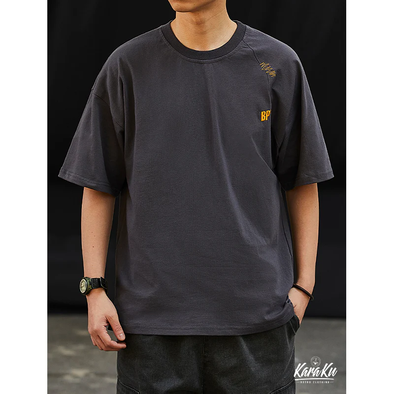 刺繡入り 不規則ステッチコットンTシャツ - Image 6