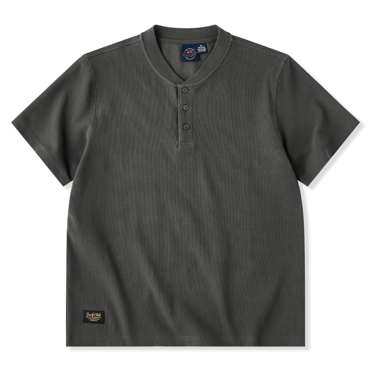 ワンポイントタグ入り　3つボタンワッフルヘンリーネックTシャツ