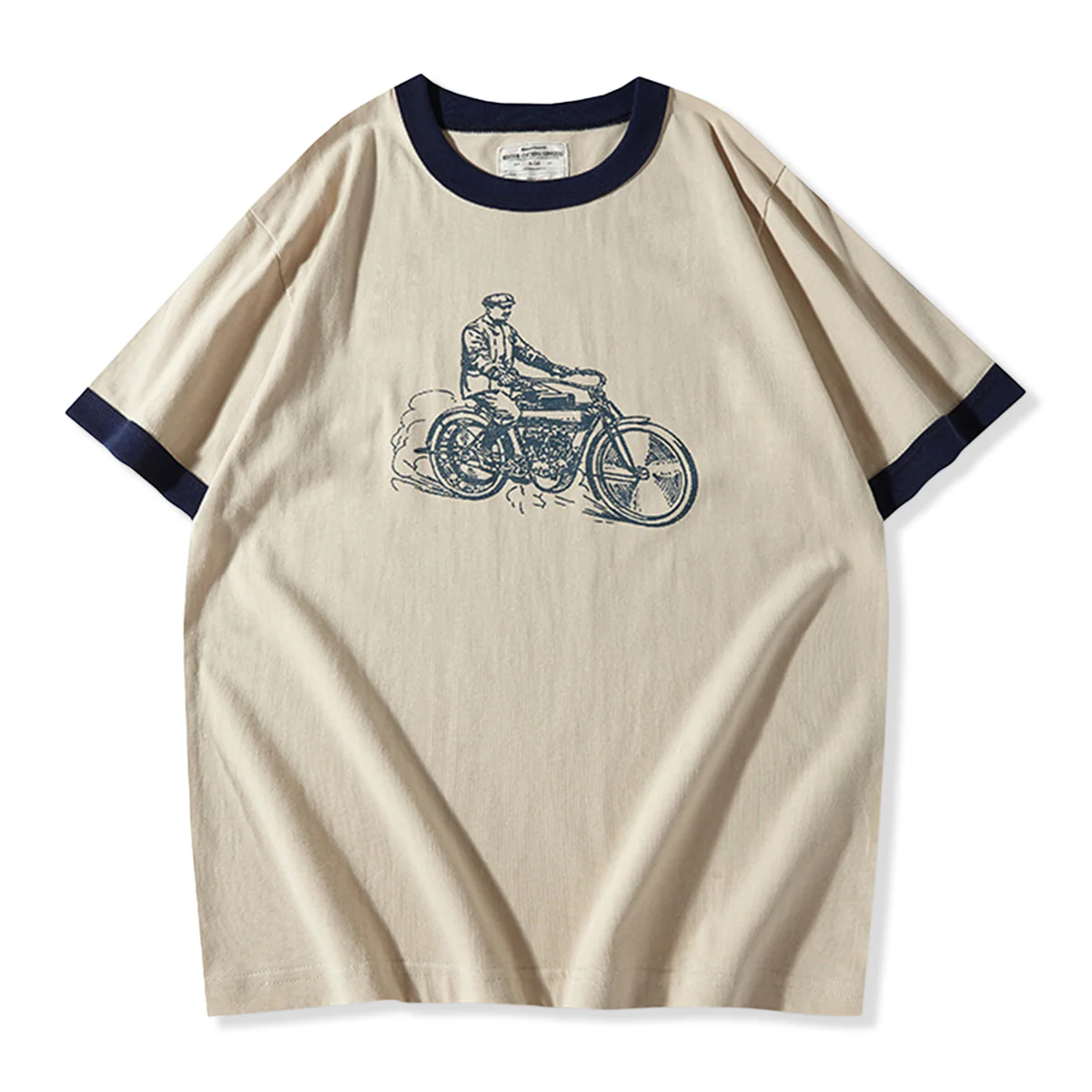 210gヘビーウェイト　手描き風バイクプリントリンガーTシャツ