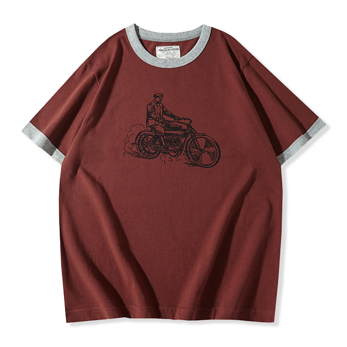 210gヘビーウェイト　手描き風バイクプリントリンガーTシャツ - Image 5