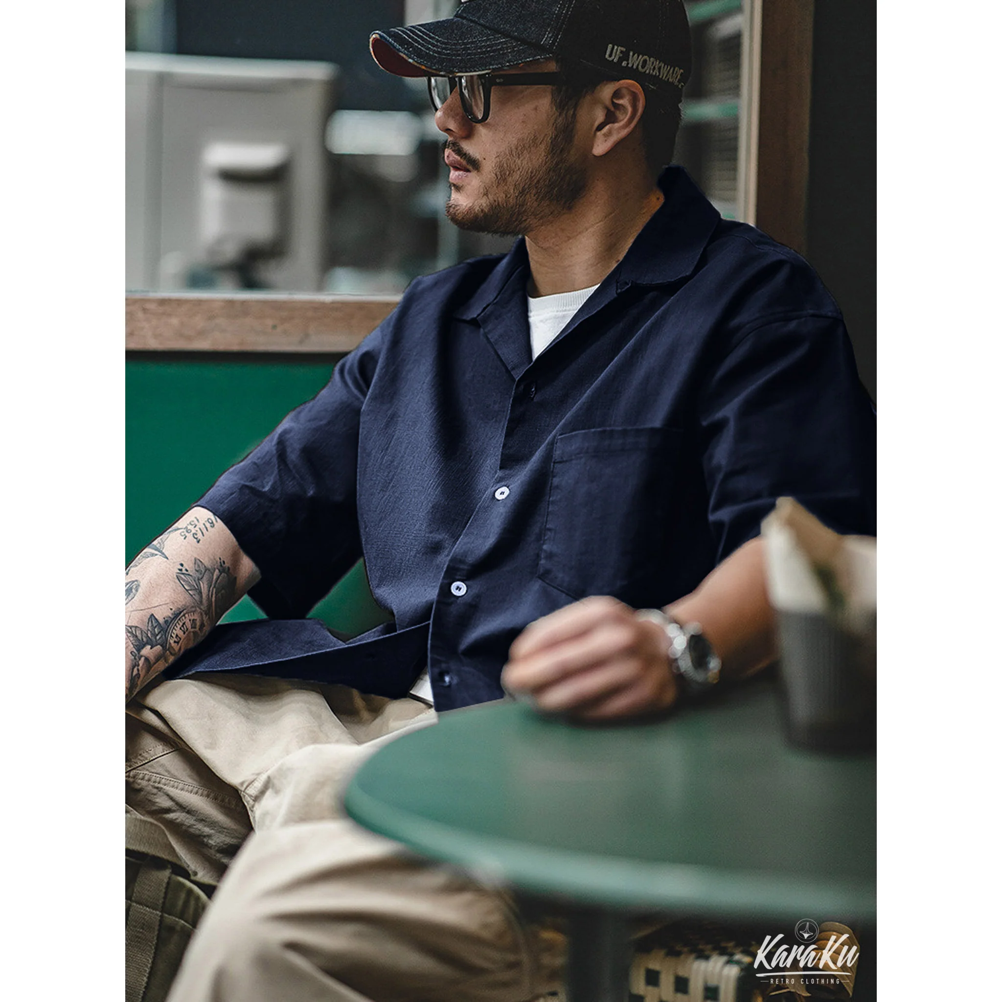 藍染 ドロップショルダー綿麻キューバシャツ - Image 7