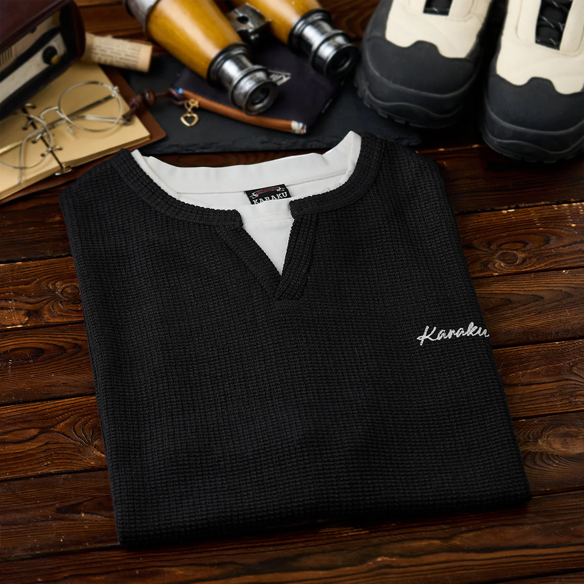「KaraKu」ロゴ刺繍 フェイクレイヤードワッフルテクスチャTee - Image 6
