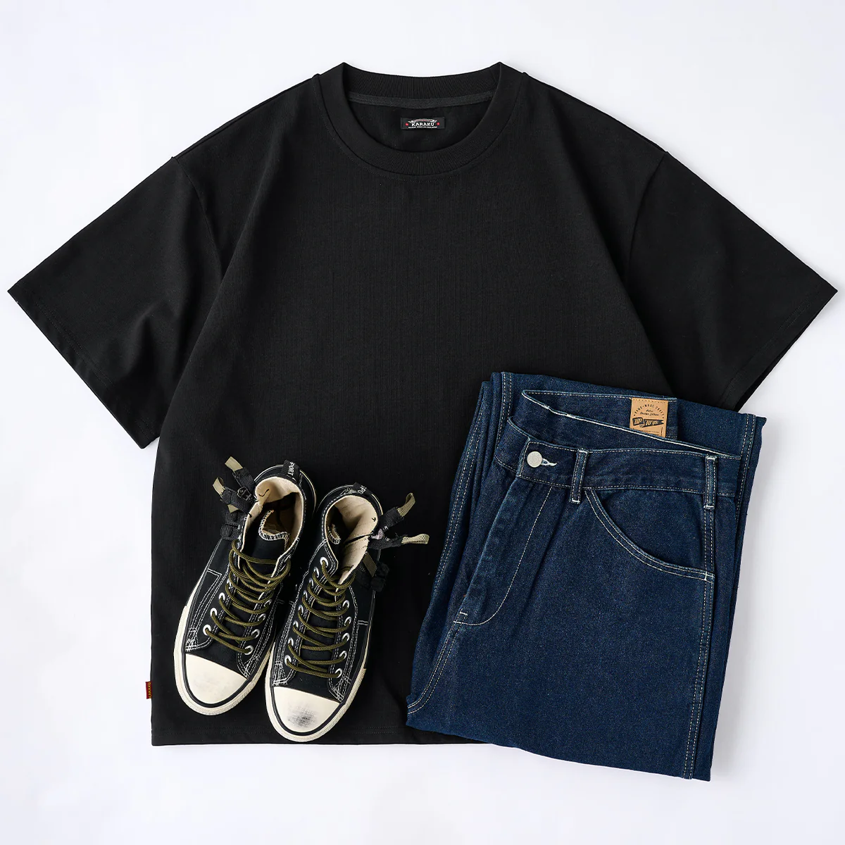 紅白ヒモ付きサイドジップ　オールブラックコットンベーシックTee - Image 16