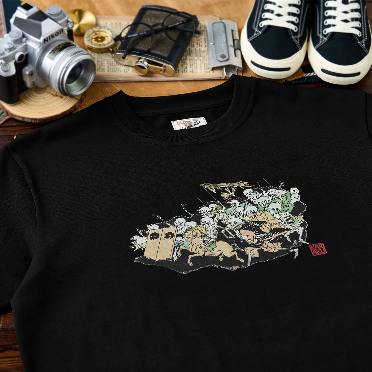 河鍋暁斎「暁斎百鬼画談・骸骨の軍団」浮世絵プリントコットンTee - Image 4