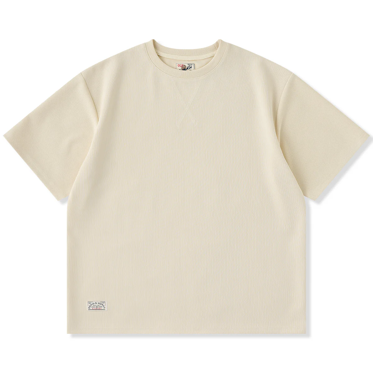 ストライプリブ編み生地　Vガゼットステッチ入りエアーレイヤーTee
