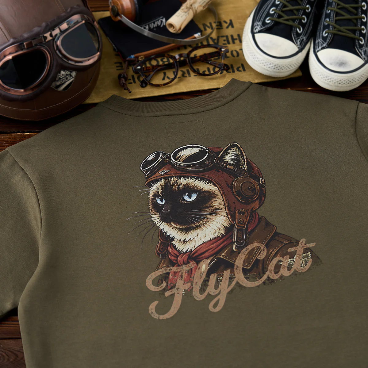 【予約】「Fly Cat」パイロット猫バックプリント入りコットンTee - Image 5