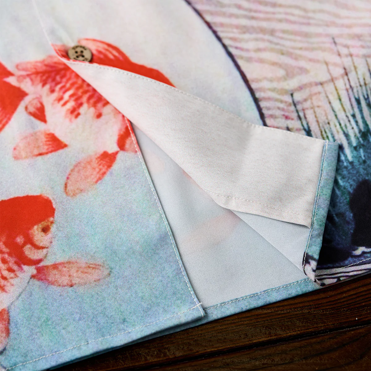 小原古邨「猫と金魚鉢の中で泳ぐ金魚たち」浮世絵風アロハシャツ - Image 13