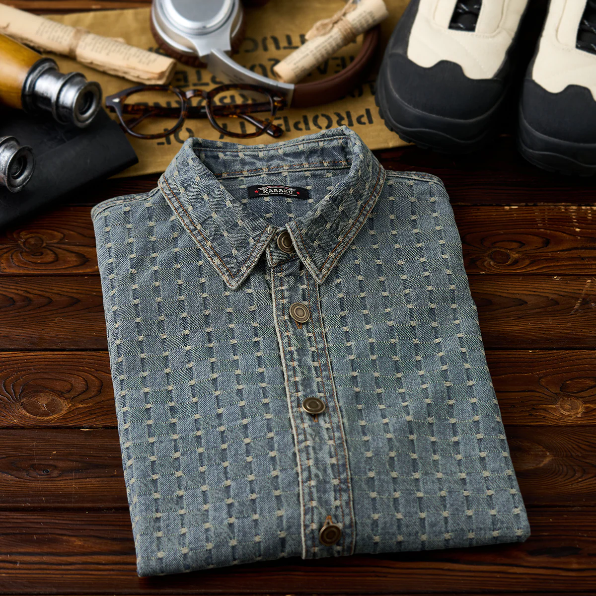 メタルボタン付き チェックジャガード半袖デニムシャツ - Image 5
