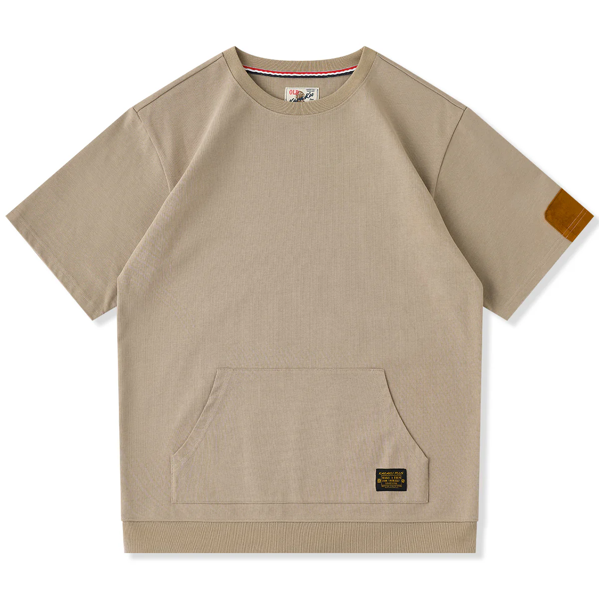 袖スエードパッチ カンガルーポケット付きコットンTee