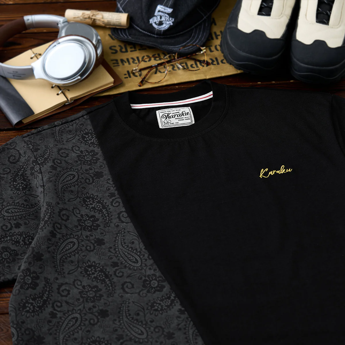 【予約】異素材パッチワーク 無地×ペイズリー柄切り替えコットンTee - Image 4