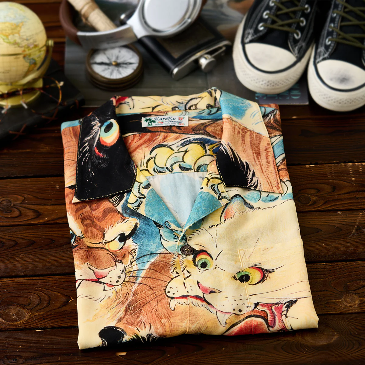 【予約】「猫の威嚇合戦」浮世絵風総柄レーヨンアロハシャツ - Image 5