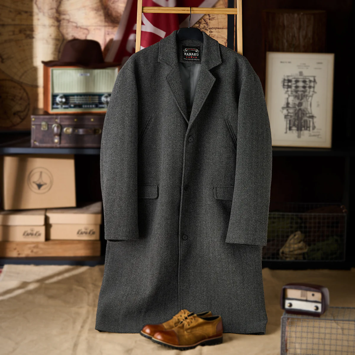 Business&Casual ヘリンボーンウール混ツイードロングコート - Image 3