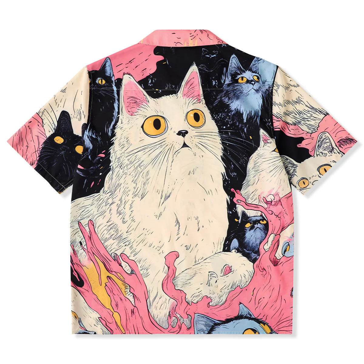 「猫の空想宇宙」前後アシンメトリープリントオープンカラーシャツ - Image 2