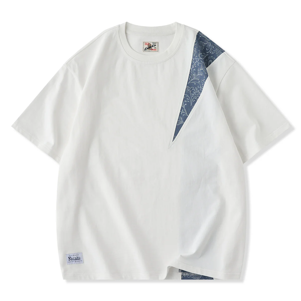 フェイクデニムペイズリー柄パッチ切替コットンTシャツ