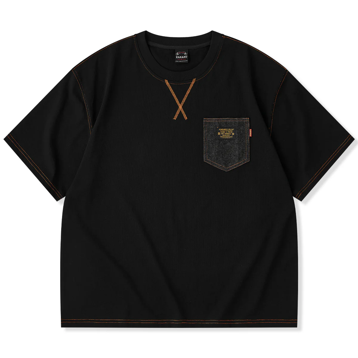 レトロオレンジステッチ入り 異素材デニムポケット付き半袖コットンTee