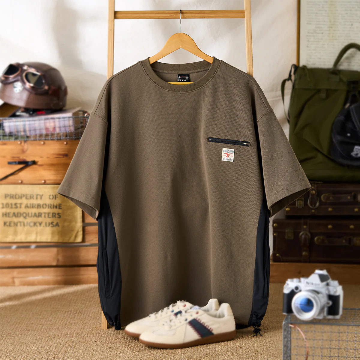 【予約】ジップポケット　異素材切り替えミニワッフルTシャツ - Image 3