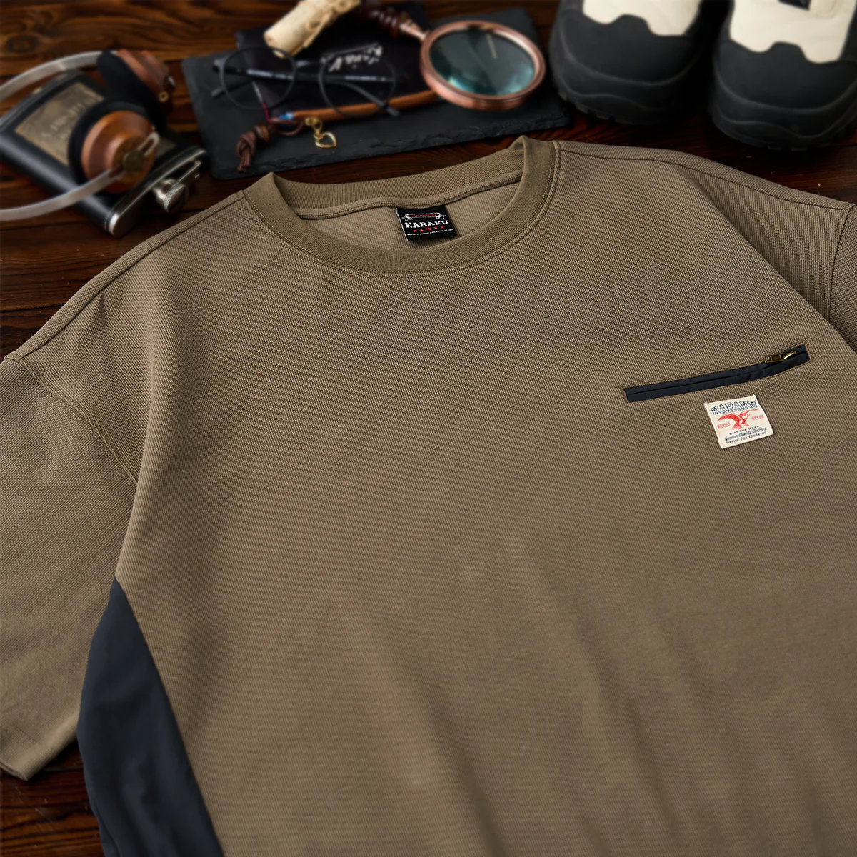【予約】ジップポケット　異素材切り替えミニワッフルTシャツ - Image 4