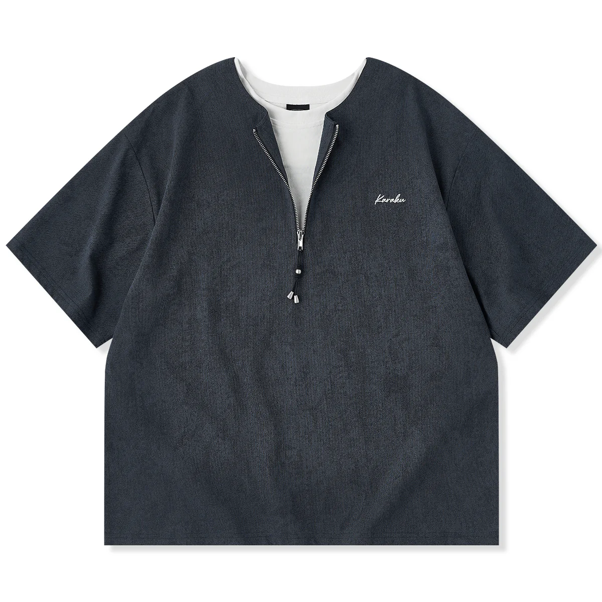 SORONA®涼感機能 刺繡入りハーフジップフェイクレイヤードTee