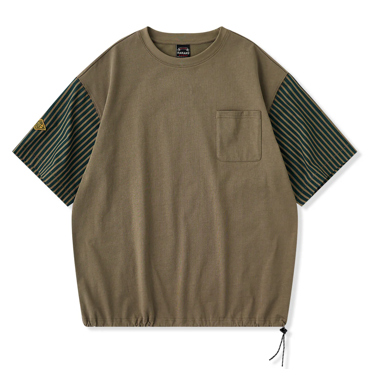 裾ドローコード付き　レトロストライプ柄袖切り替えコットンTee