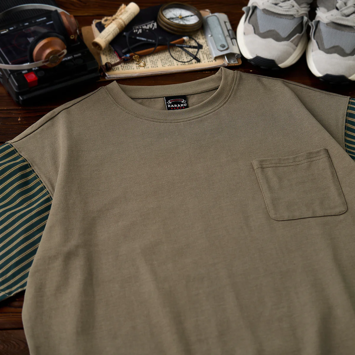 裾ドローコード付き　レトロストライプ柄袖切り替えコットンTee - Image 4