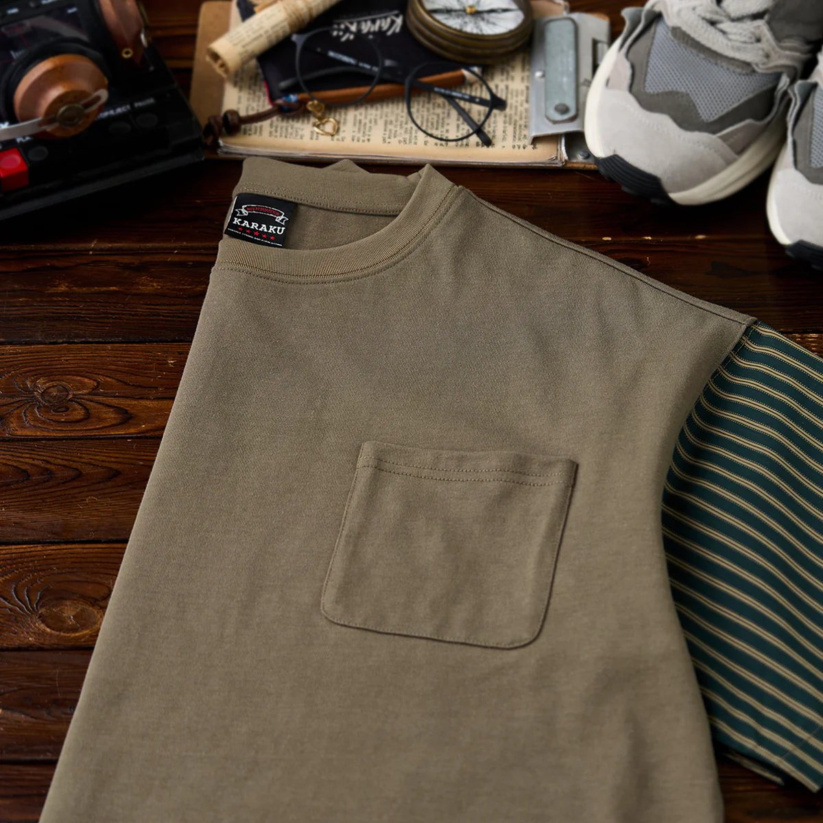 裾ドローコード付き　レトロストライプ柄袖切り替えコットンTee - Image 6