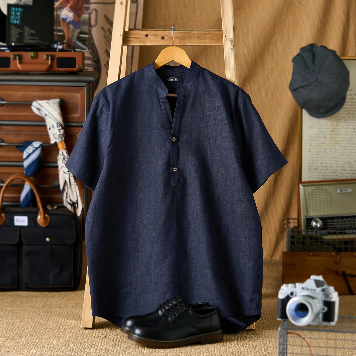 NAVY　2ボタンⅤネックコットンリネン半袖シャツ - Image 3