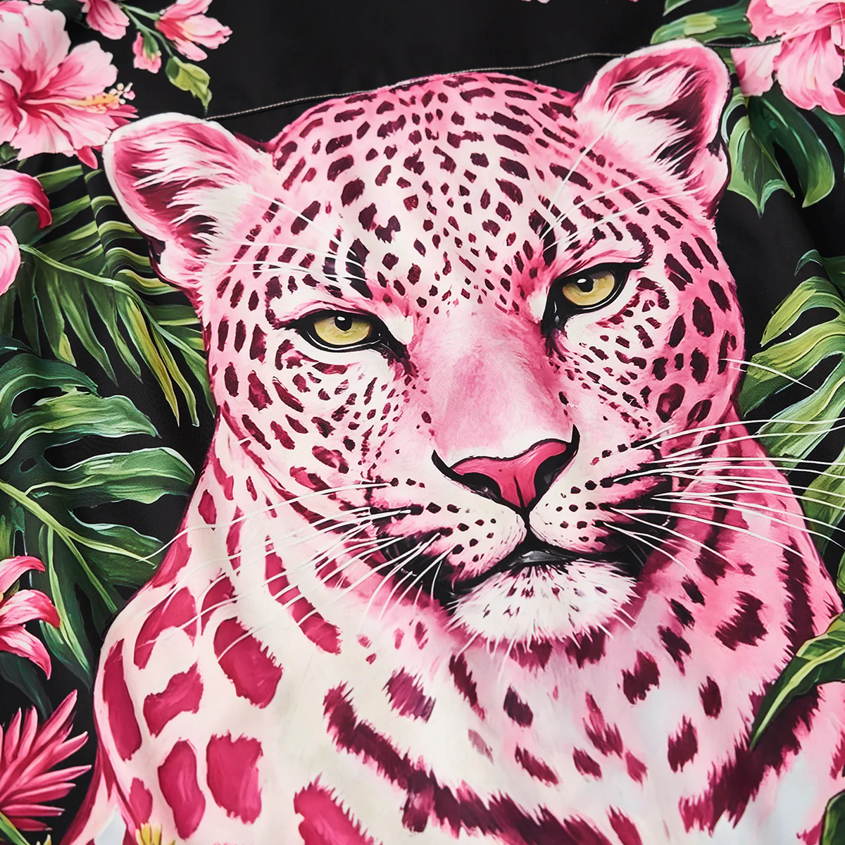 「熱帯植物に隠れたピンクのジャガー」手描きアート柄アロハシャツ - Image 13