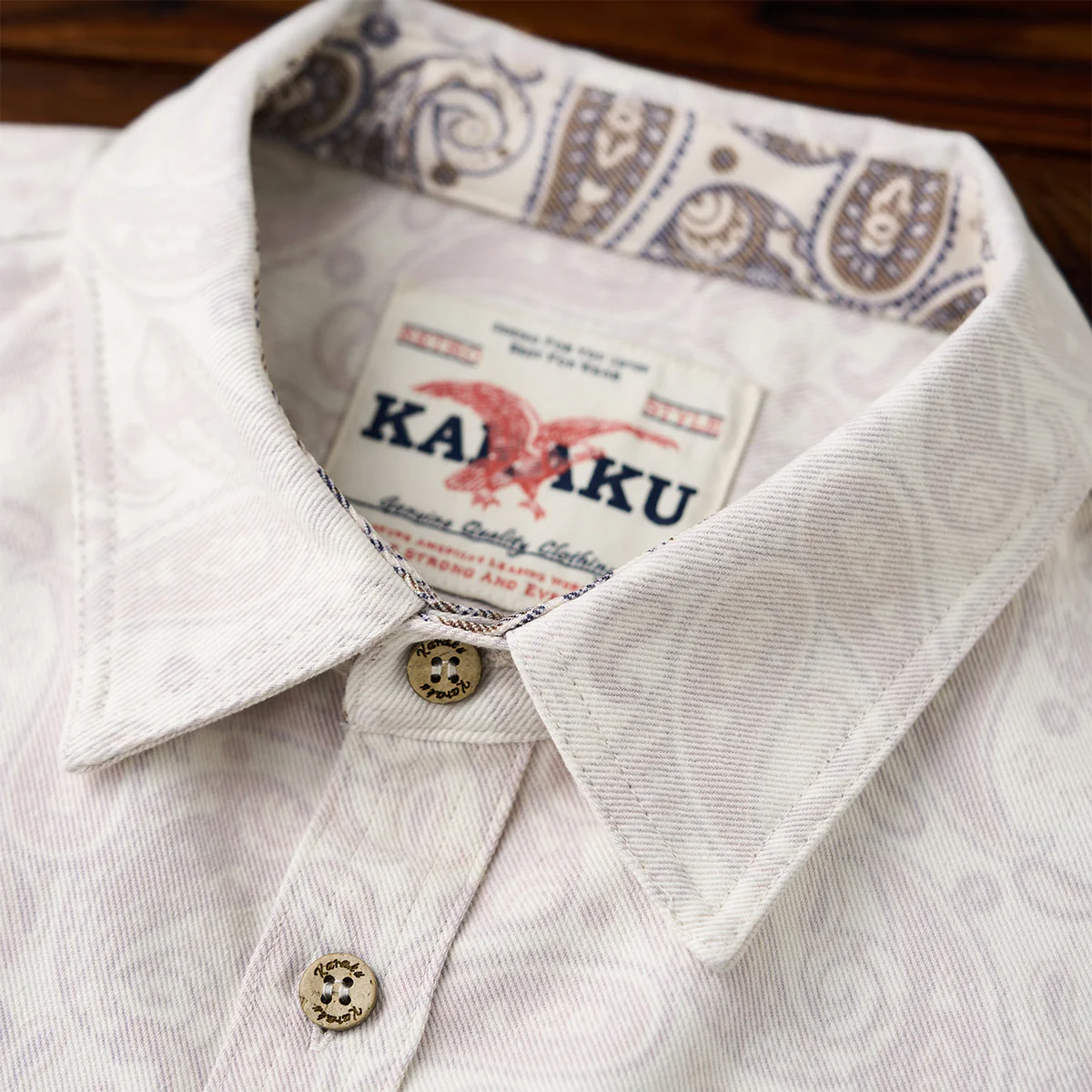 裏ペイズリープリント　「KaraKu」刺繡入りコットン混ツイル半袖シャツ - Image 6