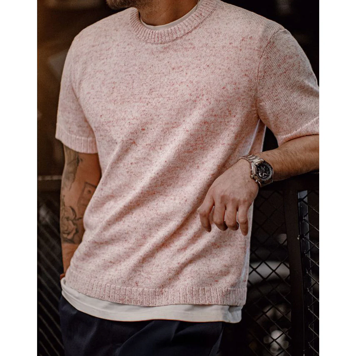 MACHO PINK メランジニットクルーネックTシャツ - Image 6