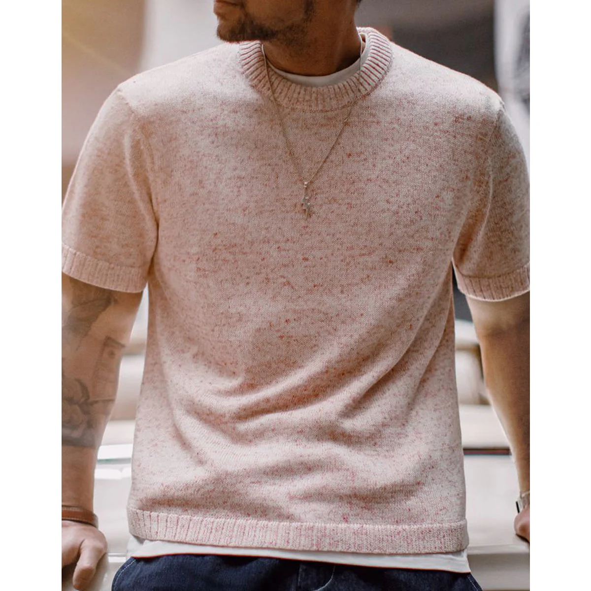 MACHO PINK メランジニットクルーネックTシャツ - Image 7