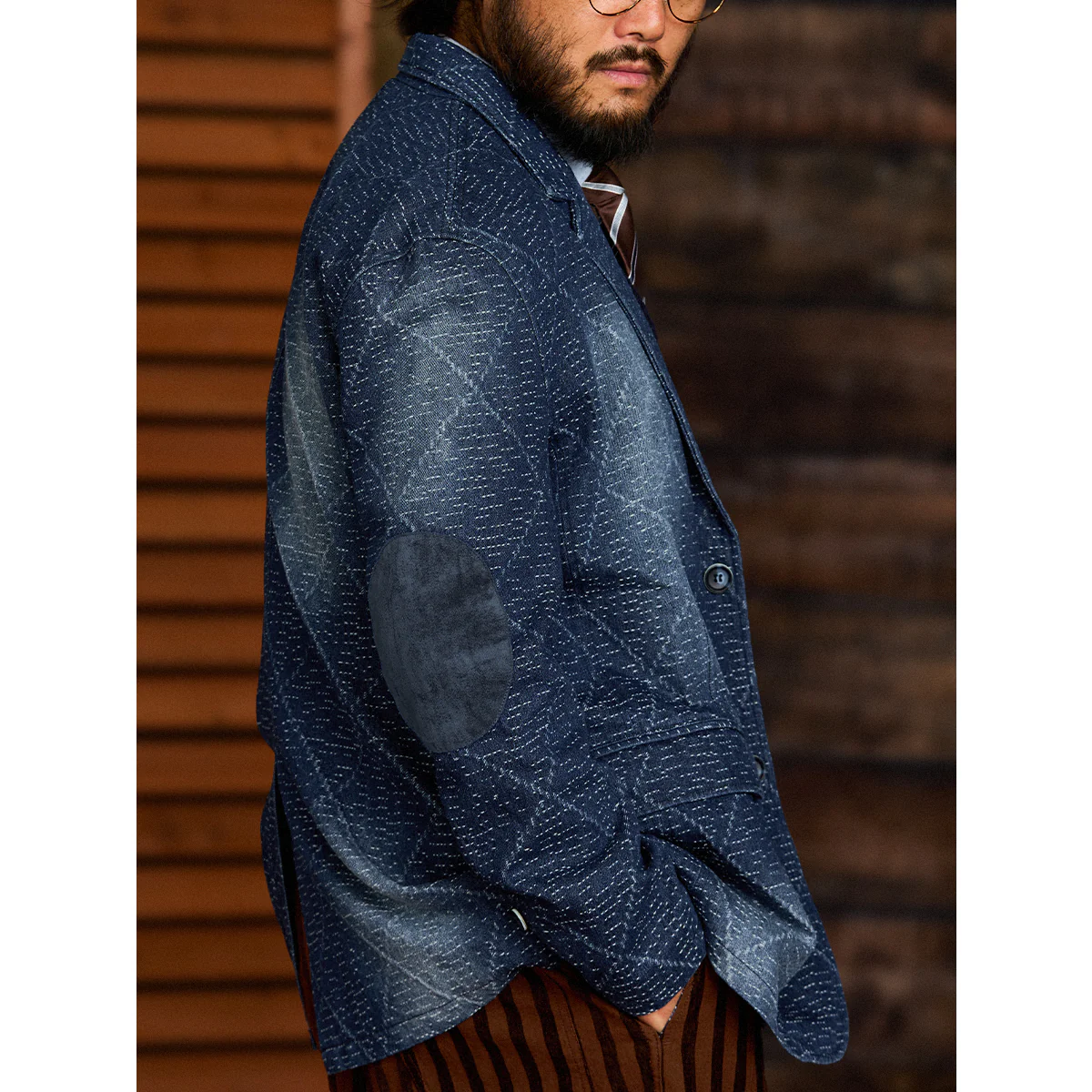 肘スエードパッチ ジャガード織りデニムテーラードジャケット - Image 8