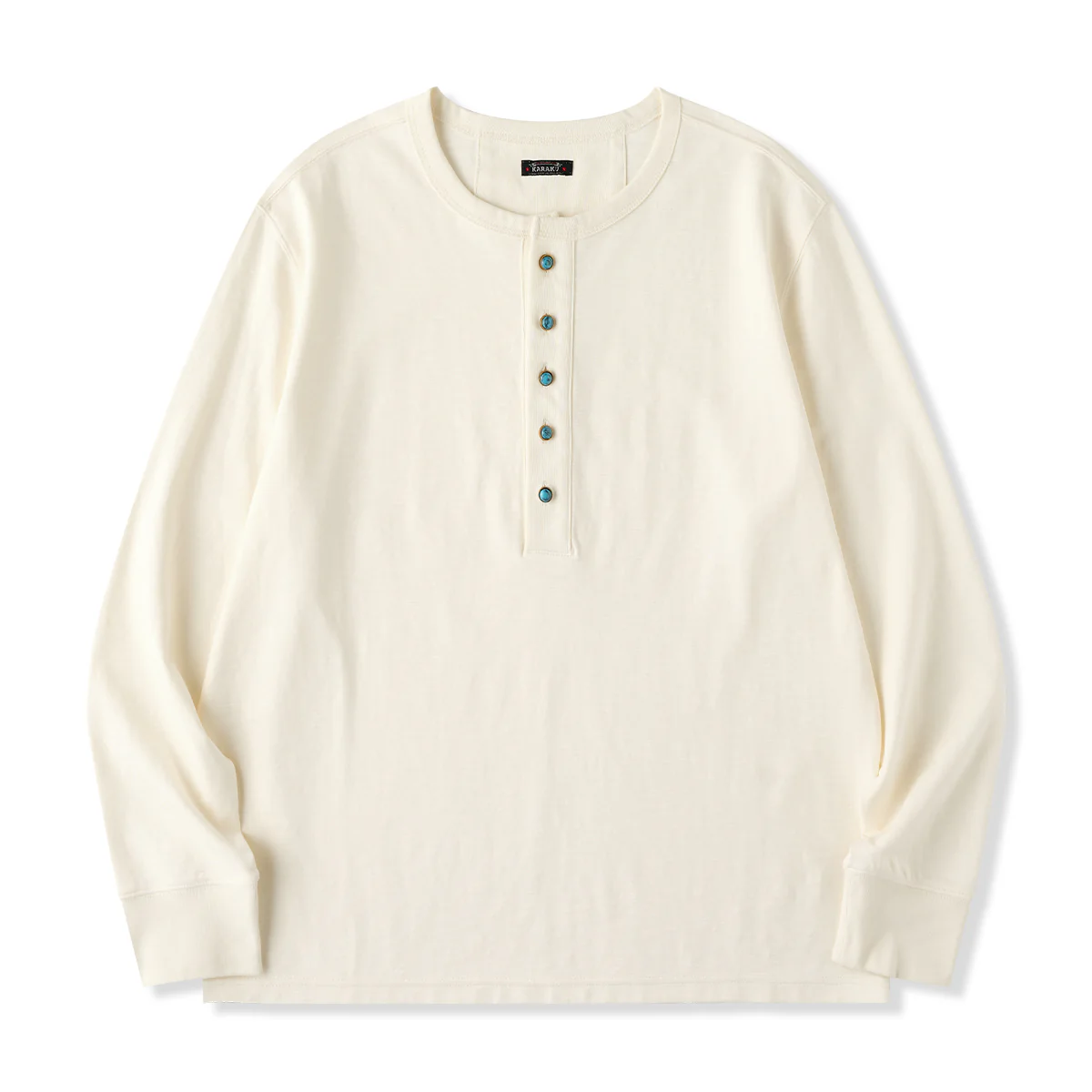 ターコイズ風5ボタン付き ヘンリーネック長袖Tシャツ